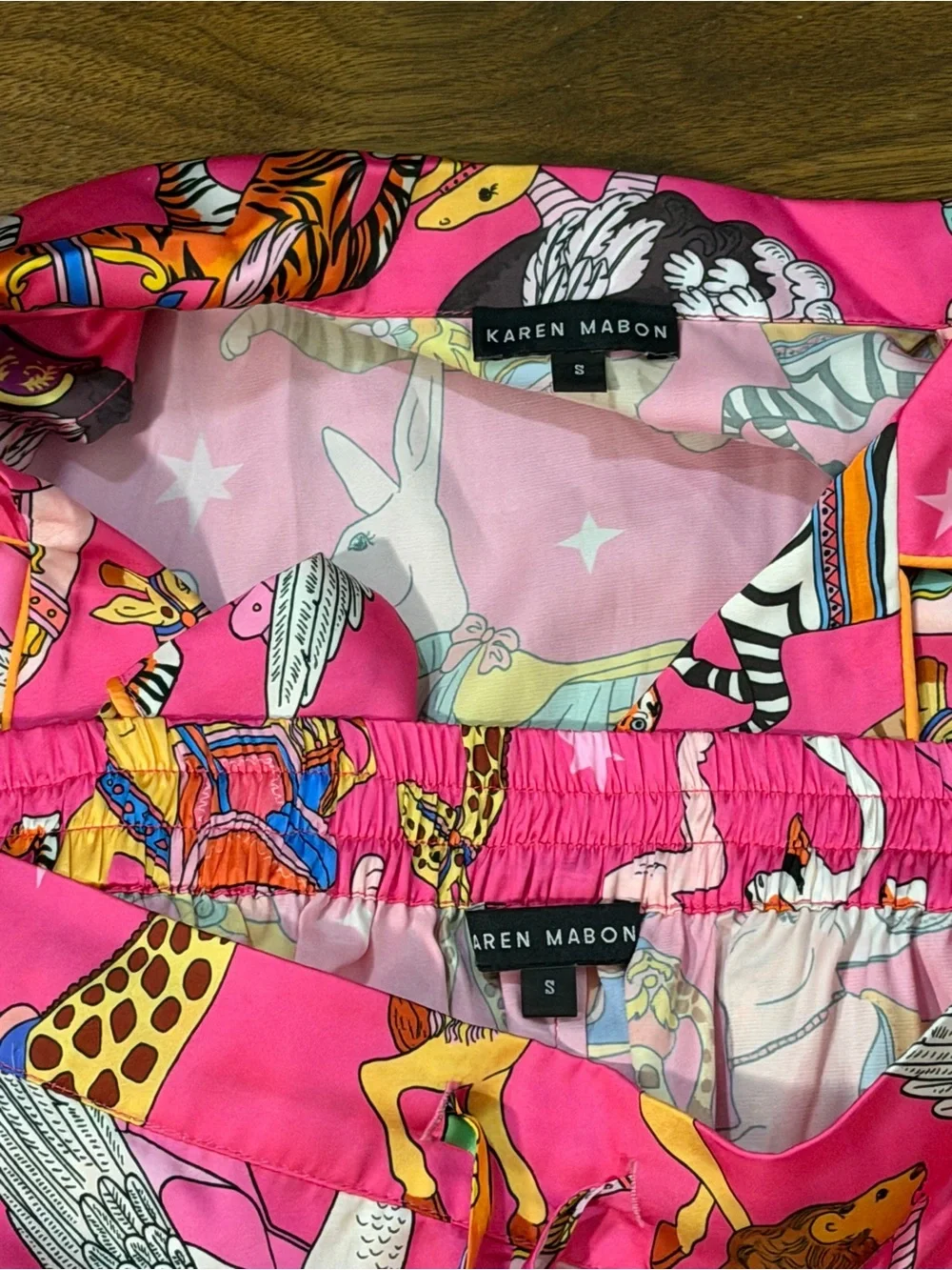 Karen Mabon Silky Satin Pajama Set Pink Animals Carousel - Picture 8 of 9